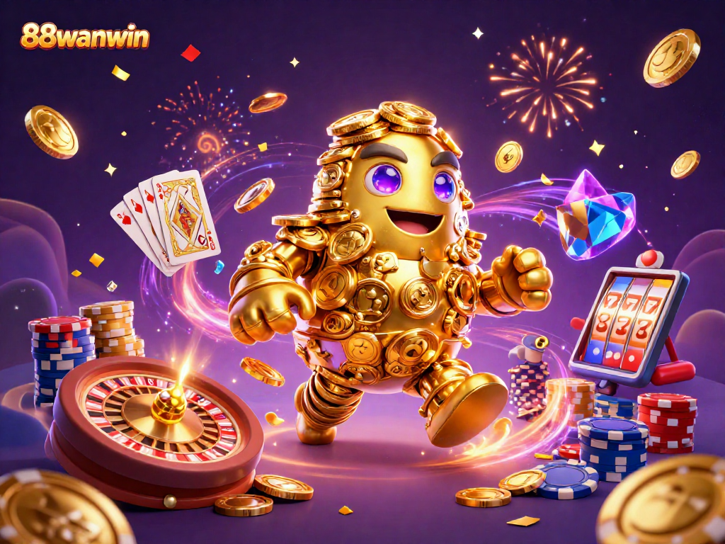 Play exciting games at 88wanwin, featuring a golden golem and vibrant casino elements.