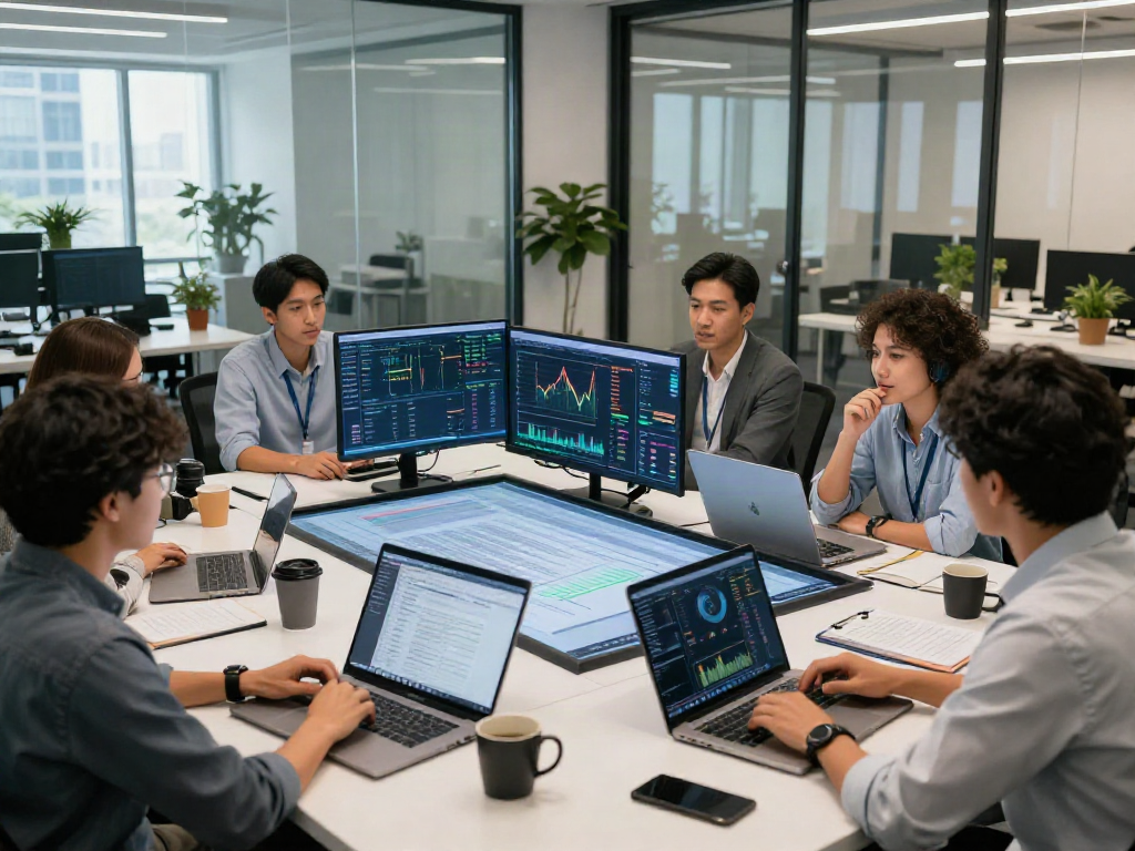 Team analyzing document fraud detection software in a modern office setting with data analytics displayed.
