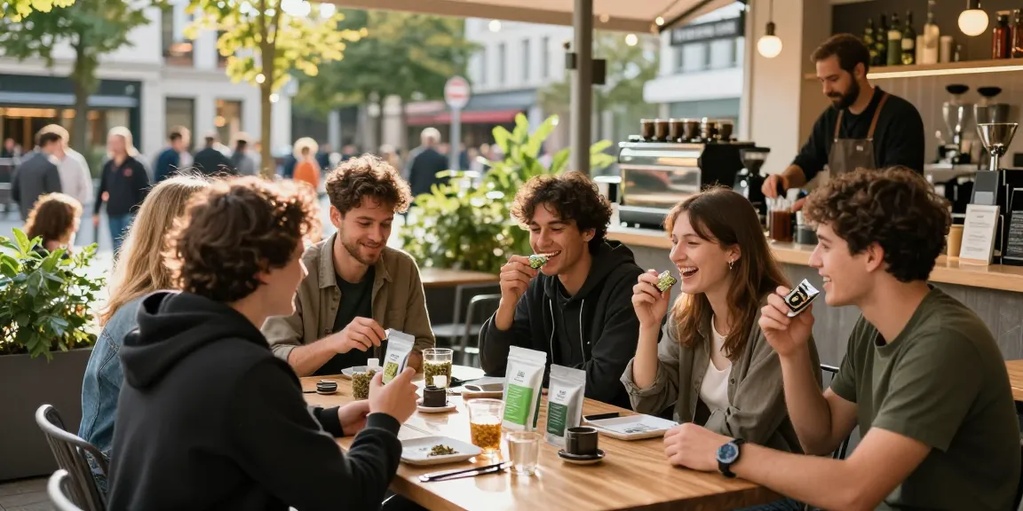 Where Can I Buy Weed Legally In Frankfurt? Best Guide featuring friends enjoying cannabis products at a lively café in Frankfurt.