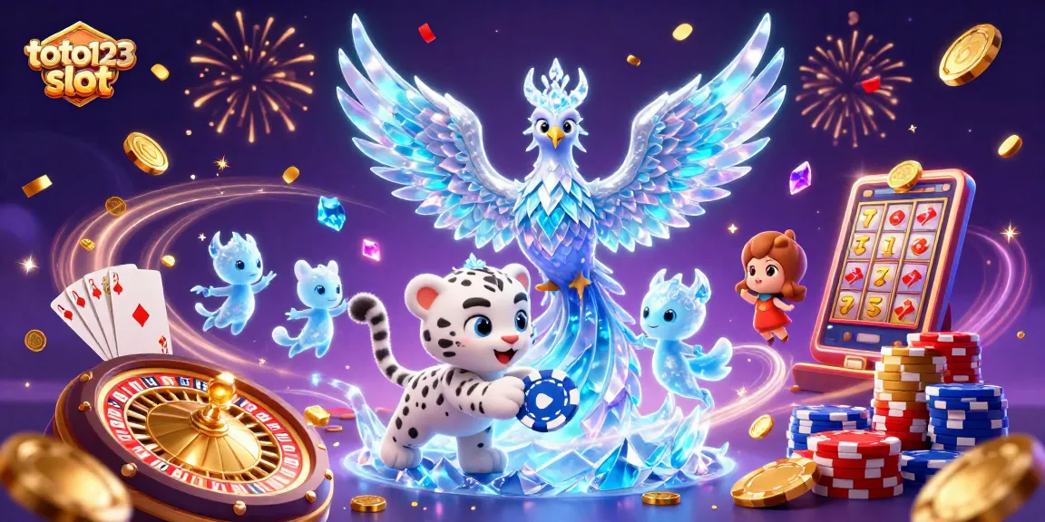 Win big with toto123 slot, featuring vibrant ice-themed characters amidst a bustling casino scene.