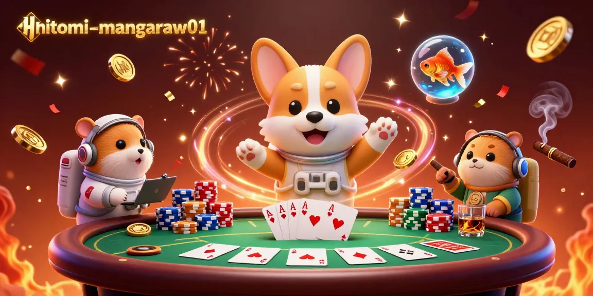 Engage with hitomi-mangaraw01's thrilling casino gaming scene featuring a floating corgi and poker excitement.