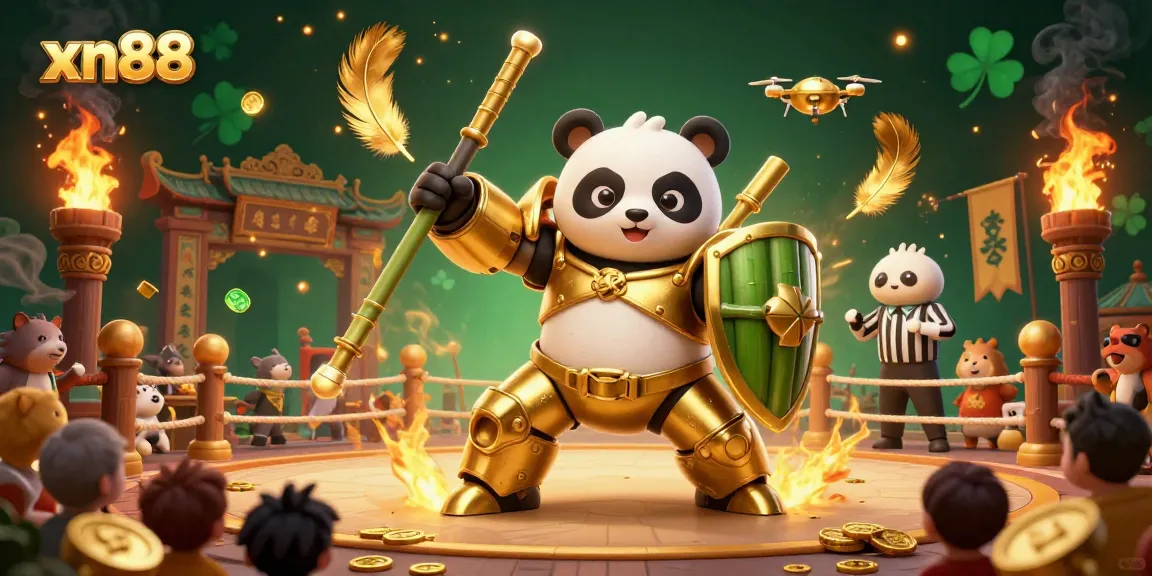 Engage in thrilling gameplay at xn88 with a golden panda piloting a robot amid vibrant casino elements.