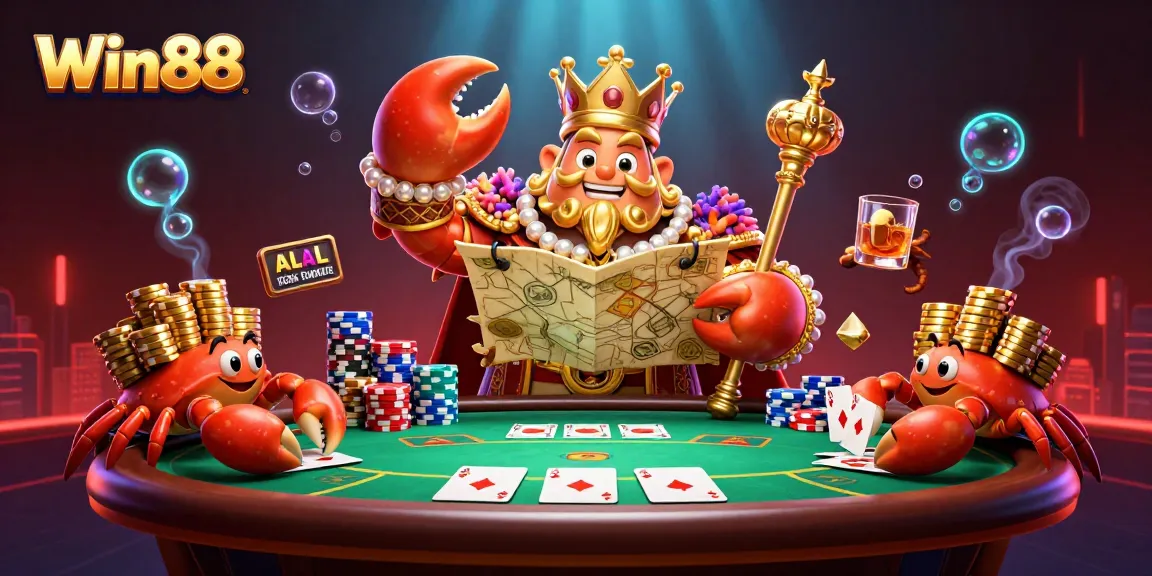 Engage with Win88's vibrant casino scene featuring a golden crab emperor among poker elements and glowing effects.