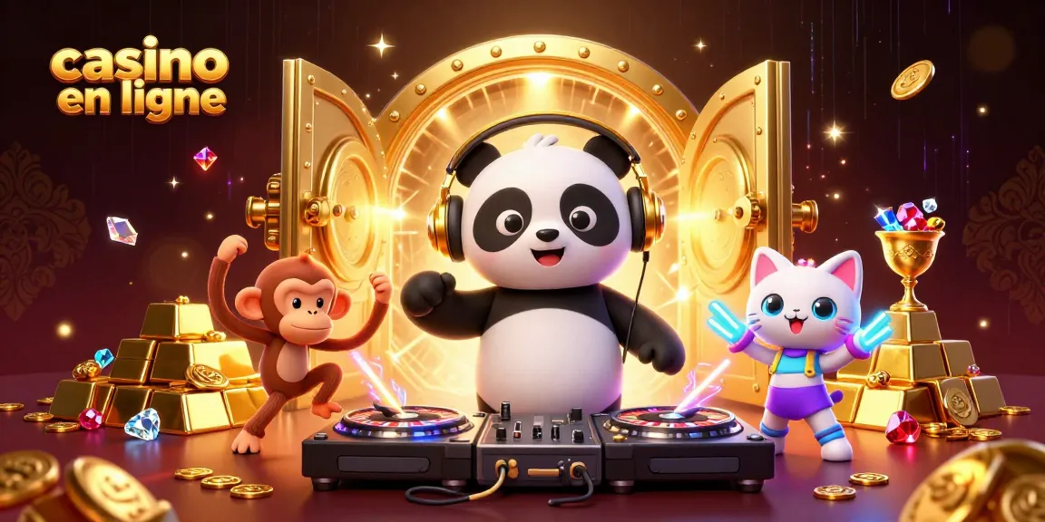 Engagez-vous avec un art numérique 3D dynamique mettant en avant un casino en ligne, featuring un panda DJ et des personnages colorés.