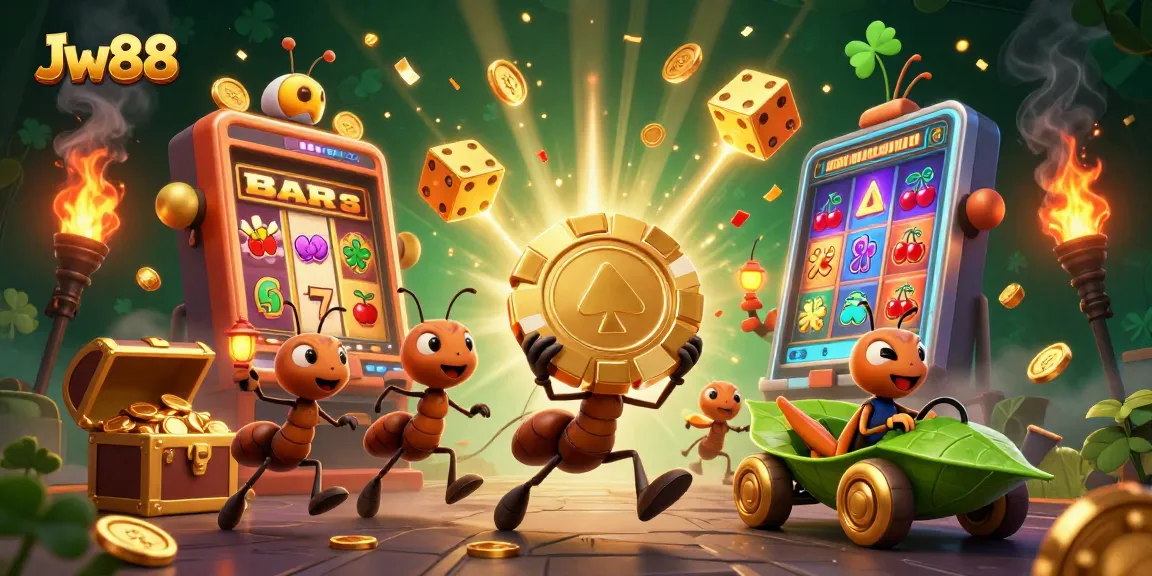 Experience the excitement of Jw88 with ants stealing golden poker chips in a vibrant casino heist scene.