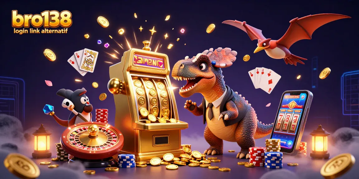 Engage with bro138 login link alternatif as a pachycephalosaurus hits a slot machine for jackpot coins.