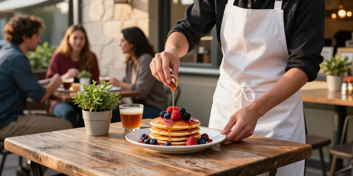 Maplelixir drizzled over artisanal pancakes at a café.