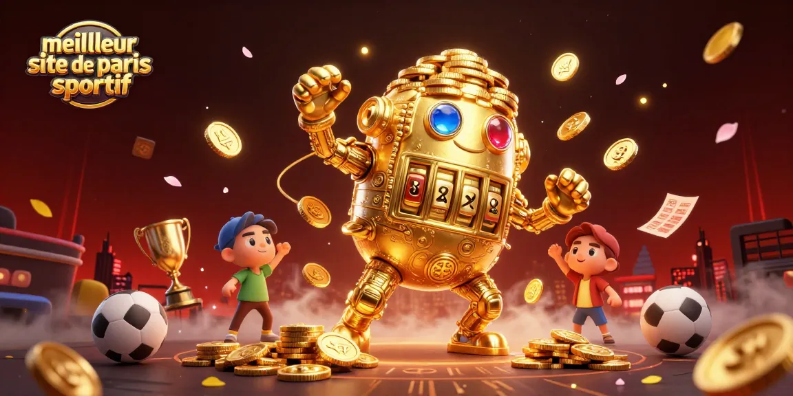 Visualisez le meilleur site de paris sportif avec un golem doré entouré d'éléments de paris sportifs animés.