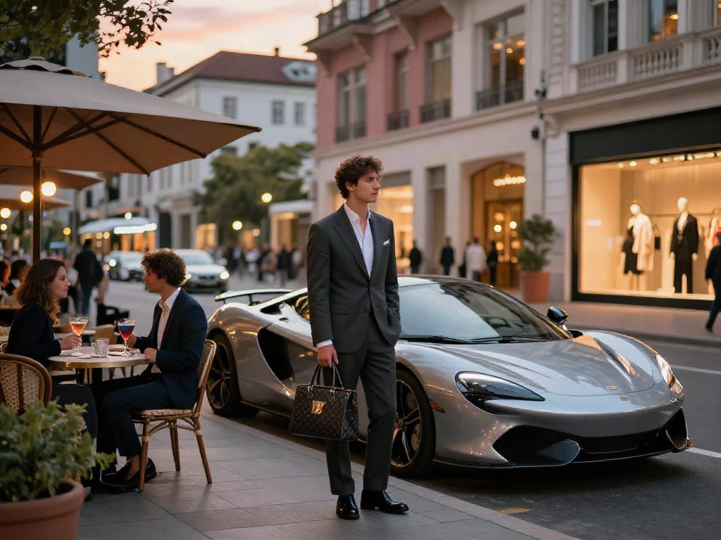 Gaya hidup mewah luxury111 dengan mobil sport dan suasana kota yang elegan.