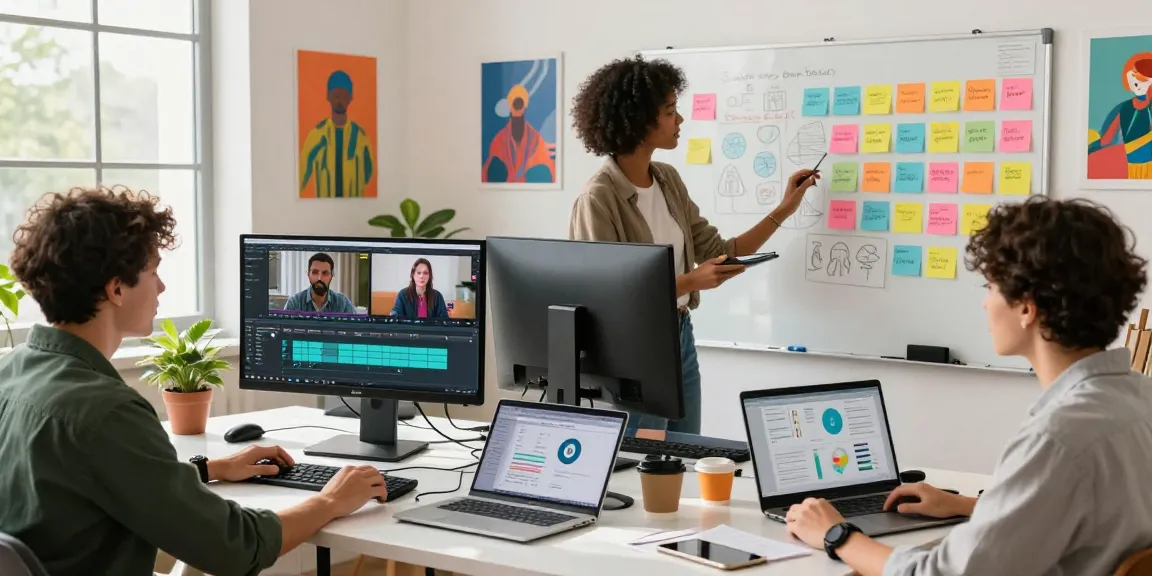Team of creators using seedance 2.0 in a vibrant studio, collaborating on video projects.
