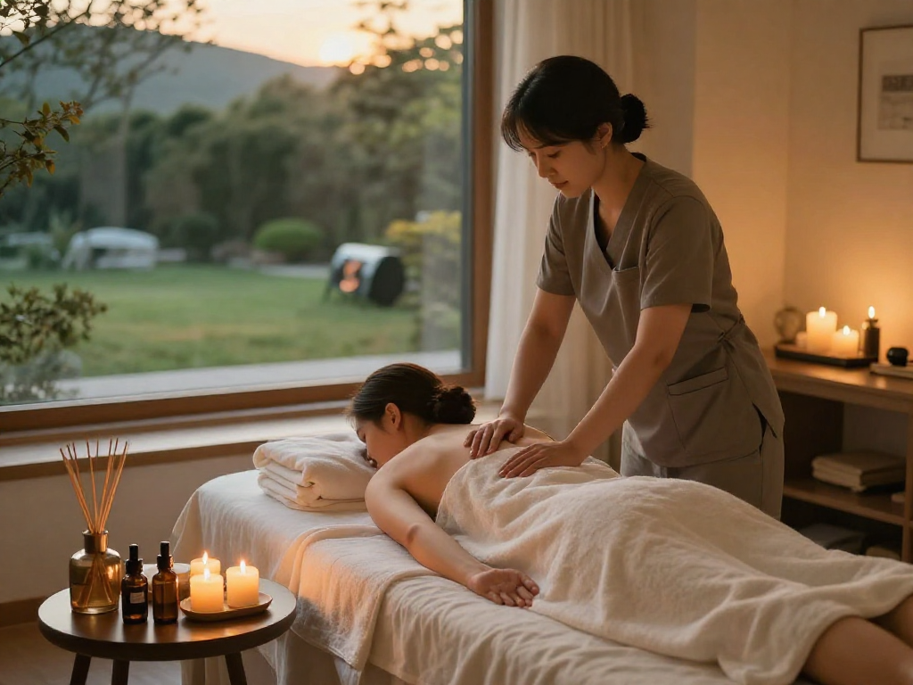 Relaxing 서울출장마사지 session in a serene home environment, showcasing professional therapy and tranquil ambiance.