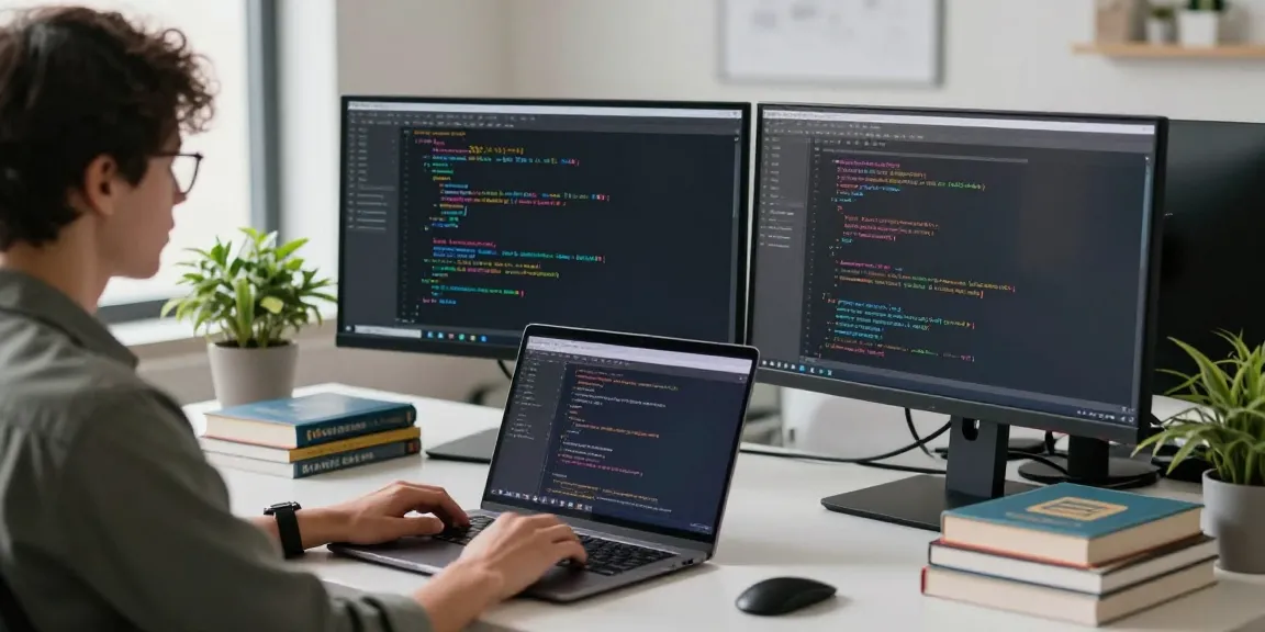 The workspace of a developer coding for 纸飞机中文版, featuring dual monitors and a modern desk.