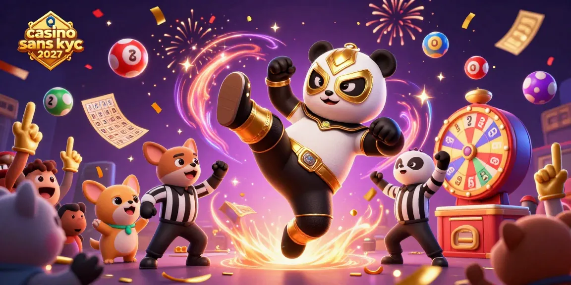 Jouer dans un casino sans KYC 2027, avec un panda lutteur et des ballons de loterie colorés.