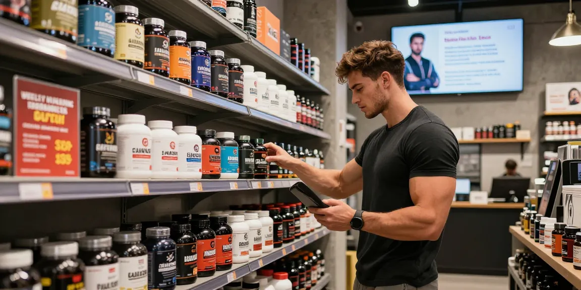 Driada Shop display featuring high-quality anabolic steroids and peptides in an inviting fitness retail environment.