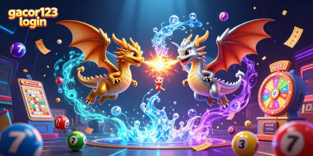 Engage with gacor123 login through an energetic scene of golden and silver dragons amidst vibrant casino elements.