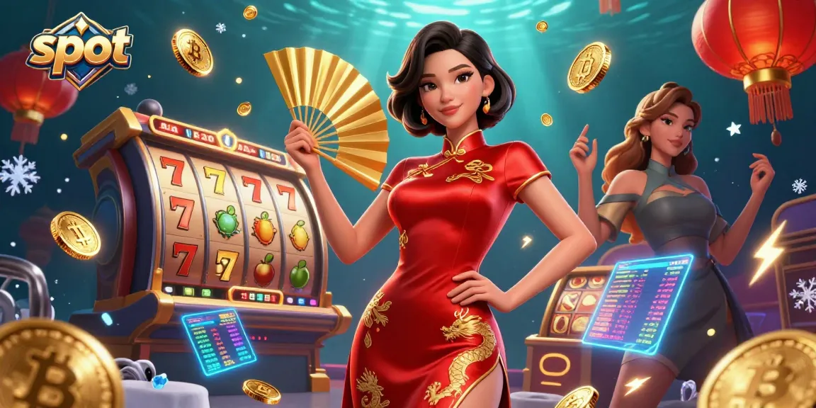 Spin slot machines with vibrant visuals and floating symbols in a dazzling casino scene.