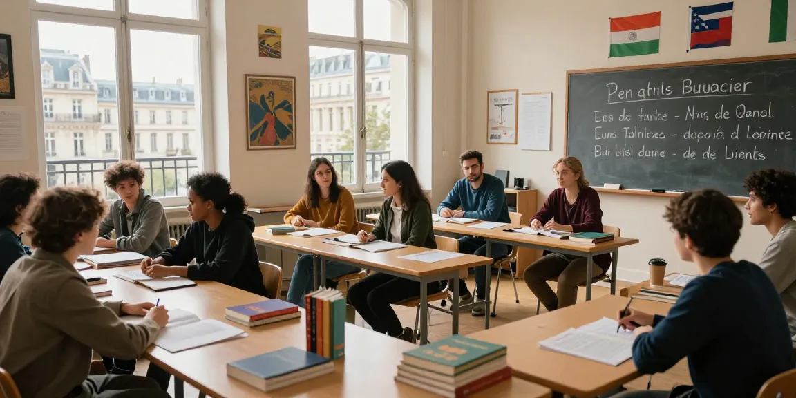 Scène de classe pour les Cours de français en France avec des étudiants apprenant à Paris, mettant en avant l'éducation linguistique immersive.