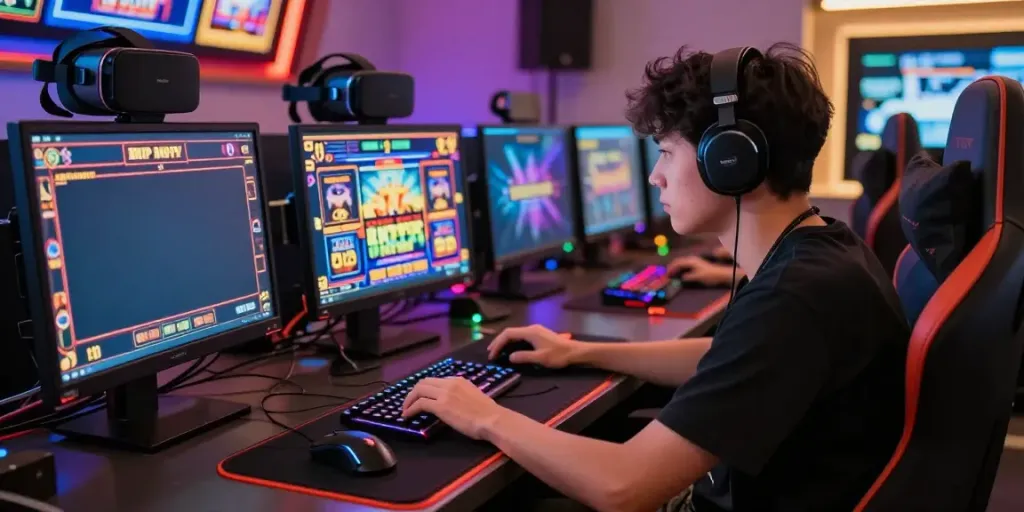 Pengalaman bermain slot server Thailand dengan pemain terfokus pada laptop dan layar penuh permainan.