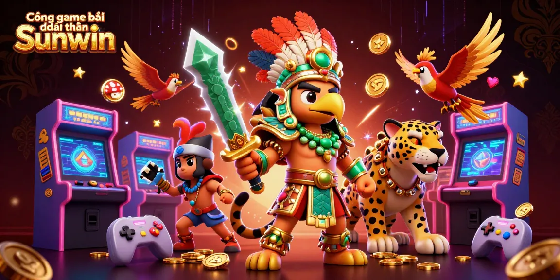 Cổng game bài đổi thưởng Sunwin features Aztec warriors amidst vibrant arcade and casino-themed elements.