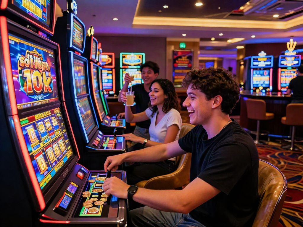 Engaging slot depo 10k gaming scene with players at vibrant online casino, showcasing excitement and social interaction.