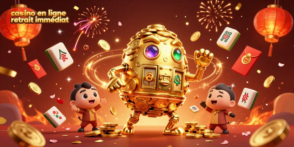 Profitez d'un casino en ligne retrait immédiat avec un golem doré et des éléments festifs autour.