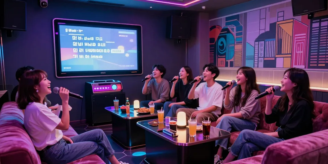 Friends enjoying a lively night at a 강남노래방, singing and sharing drinks in a vibrant atmosphere.