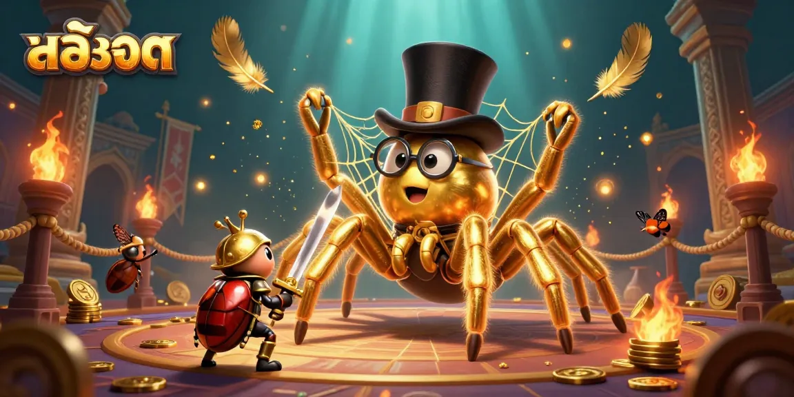 Experience thrilling สล็อต action with a golden tarantula and courageous beetle knight in a dynamic casino scene.