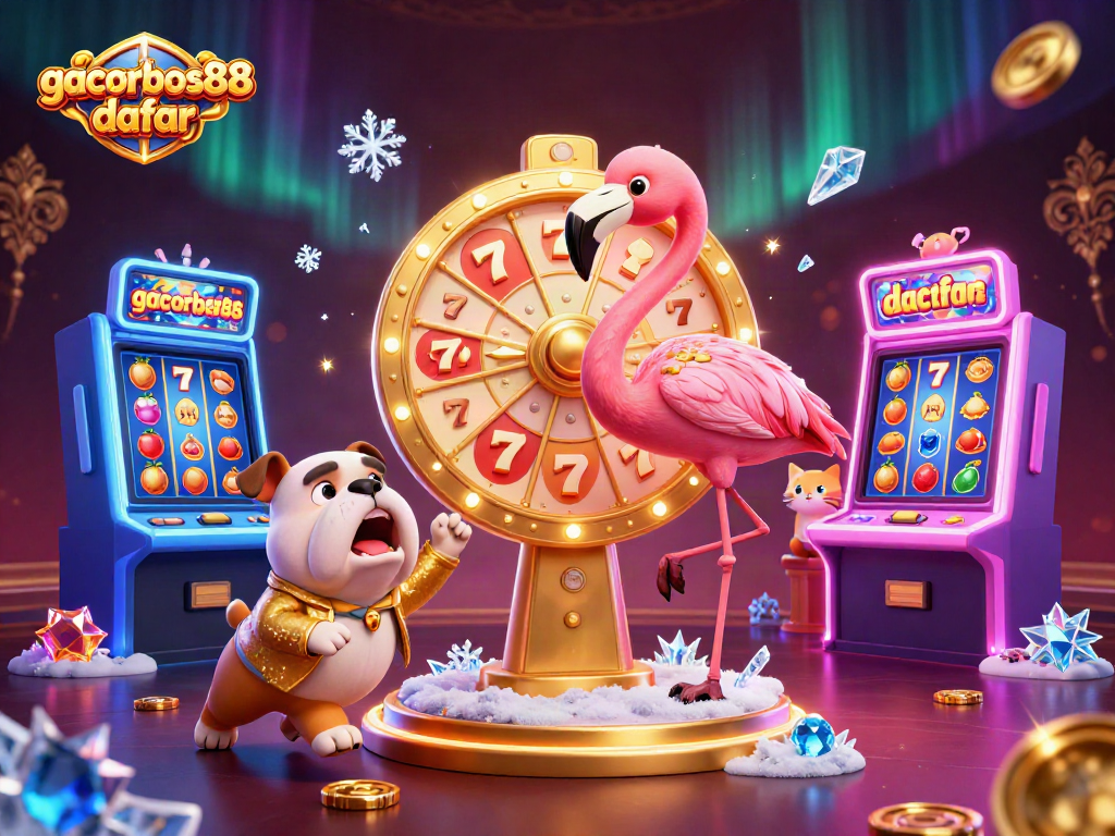 Spin the prize wheel with gacorbos88 daftar in an exciting casino-themed scene full of slots!