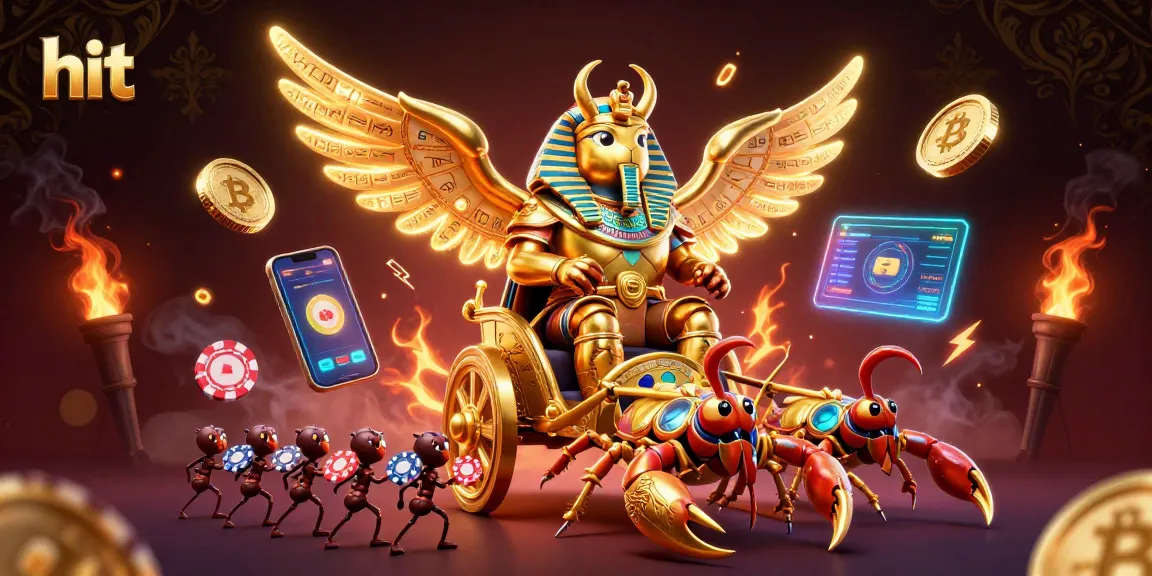 Hit win with colossal beetle and scorpion chariot amidst glowing crypto elements.