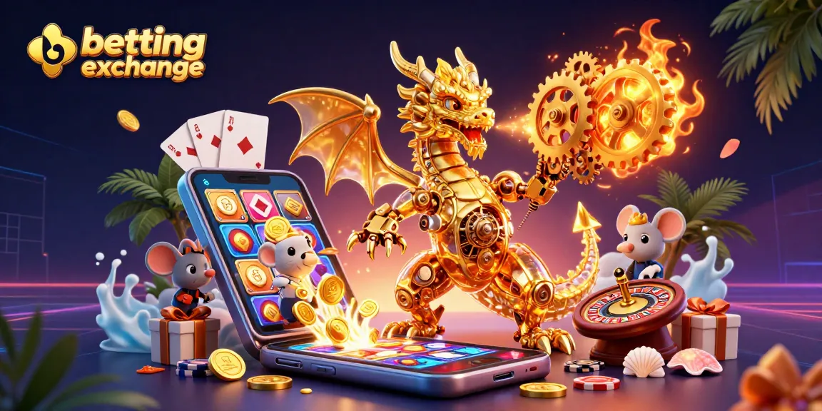 Witness the exciting betting exchange action with a dragon and a mouse engineer amidst vibrant casino games.