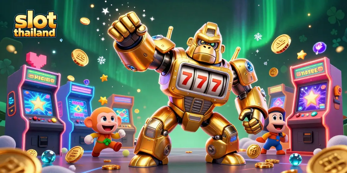 Engage with slot thailand gaming excitement featuring a golden gorilla mech with dynamic slot machine elements.