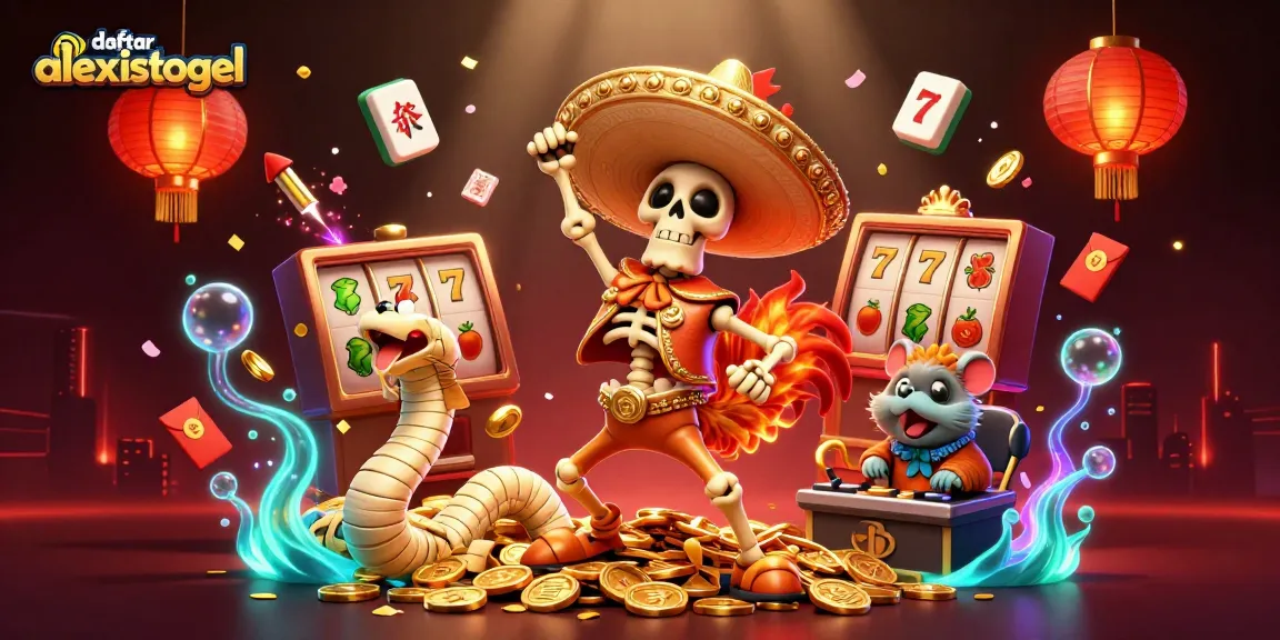 Engage with daftar alexistogel enjoying the thrilling victory dance by vibrant casino characters amidst dynamic slot elements.