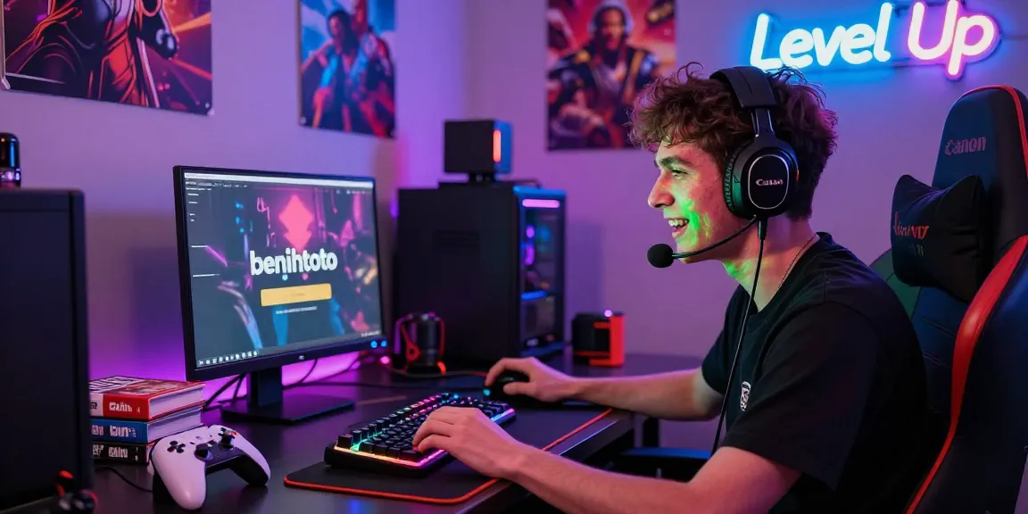 Engaged gamer at a colorful desk showcasing the benihtoto link, surrounded by gaming gear and vibrant LED lights.