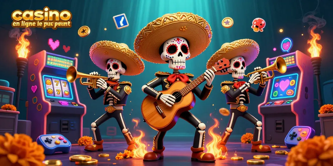 Jouer au casino en ligne le plus payant avec une ambiance festive de mariachi entouré de machines à sous colorées.