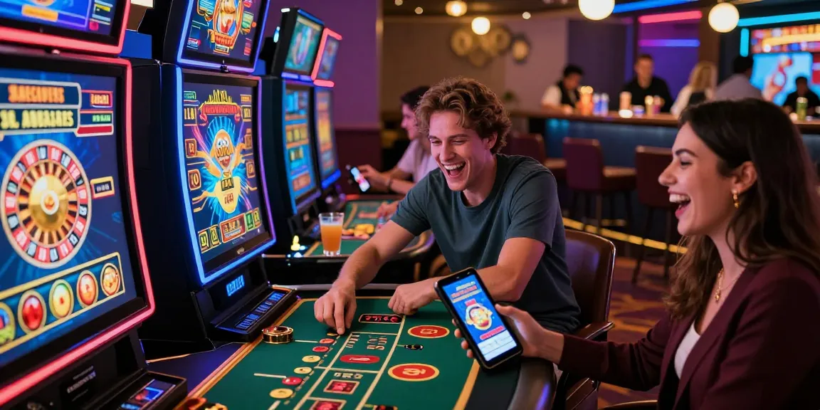 Scène de jeu engageante dans un casino en ligne montrant des joueurs divers profitant des machines à sous et du blackjack en direct.