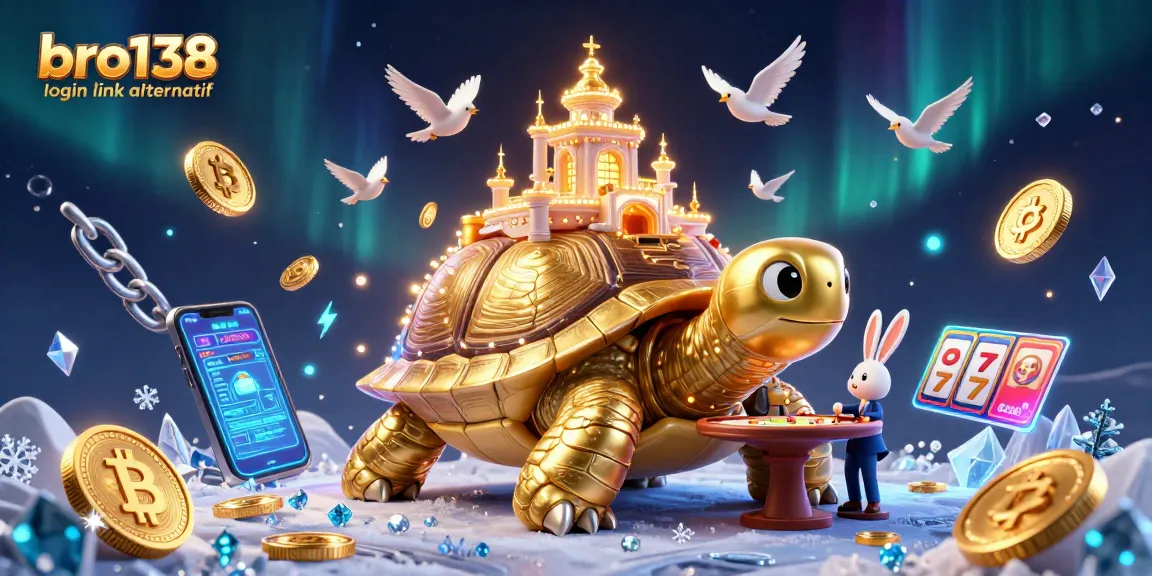 Engage with bro138 login link alternatif featuring a golden tortoise casino, rabbit dealer, and dynamic gambling elements.