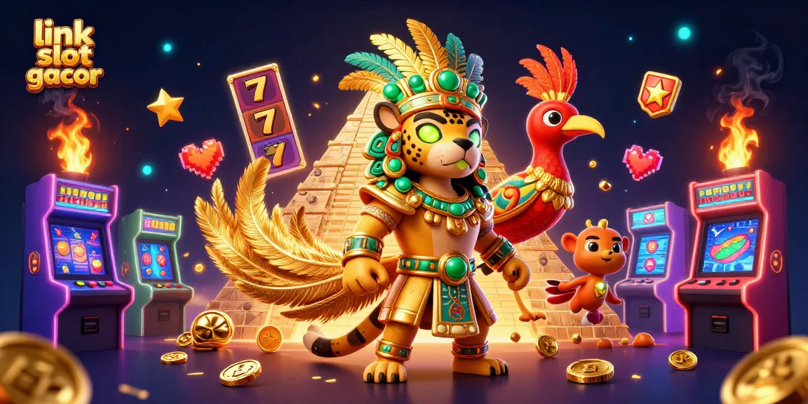 Engage with link slot gacor featuring a golden Mayan priest, quetzal bird, and slot machine elements.