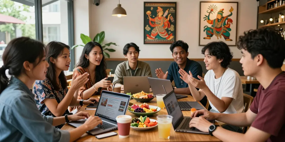 Engaged group of young professionals at a café discussing Asian culture, inspired by https://hanadultalk.com.