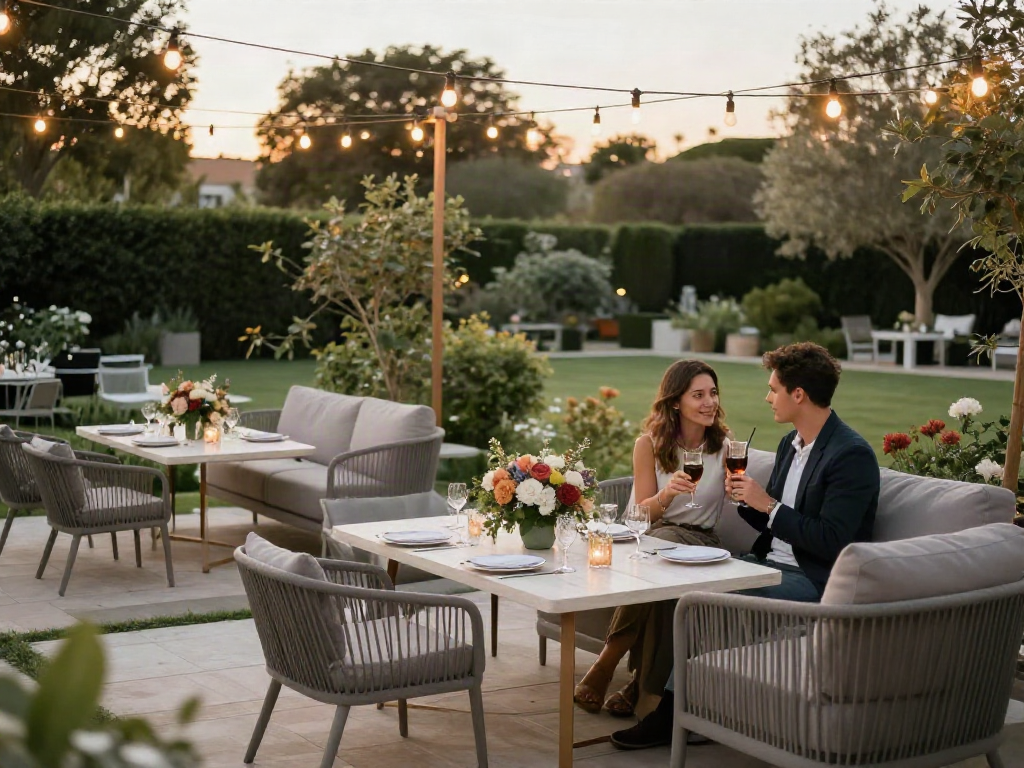Event furniture rental setup with elegant lounge area and floral decor in a beautiful garden.