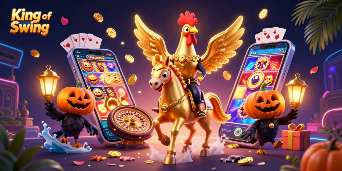 King of Swing gaming scene featuring a golden rooster and casino elements for excitement.