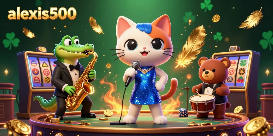 Experience the excitement of alexis500 with a lively casino stage featuring a singer cat, saxophone crocodile, and a drum bear.
