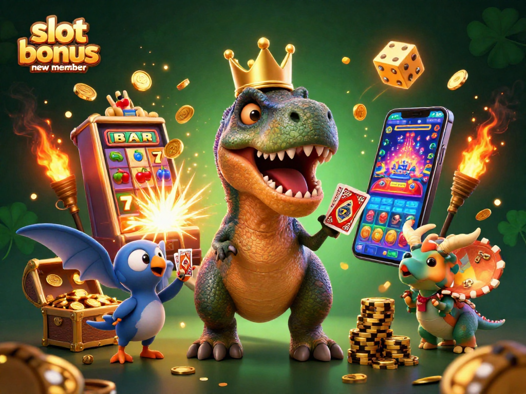 Experience the excitement of slot bonus new member with a T-Rex shuffling cards and dinosaurs stacking chips in a dynamic casino scene.