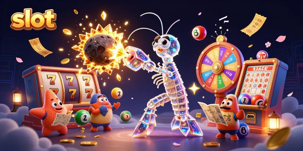 Explore slot gaming surrounded by vibrant characters and dynamic elements in a 3D illustration