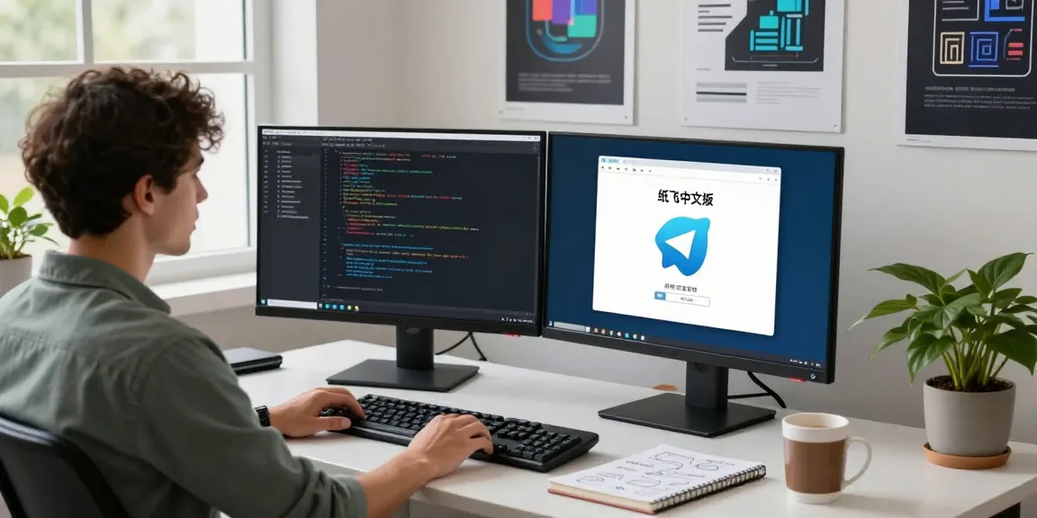 Developer coding 纸飞机中文版 on dual monitors in a modern workspace.