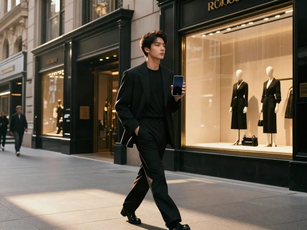 Stylishly dressed individual using the ROKOK88 app in a luxury urban setting.
