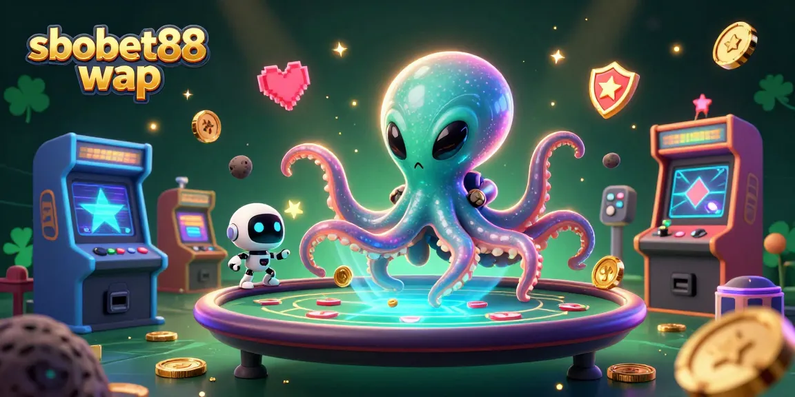 Engage with sbobet88 wap in a vibrant 3D scene featuring an alien octopus gaming.