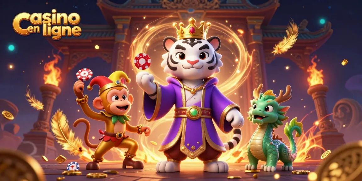 Découvrez l'excitation du casino en ligne avec une illustration colorée mettant en scène un tigre majestueux, un singe jongleur et un dragon en jade.