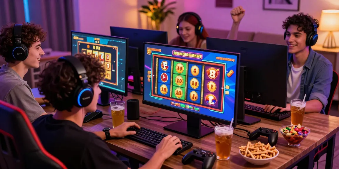 Exciting group of friends celebrating winnings while playing on a deposit pulsa tanpa potongan gaming platform.