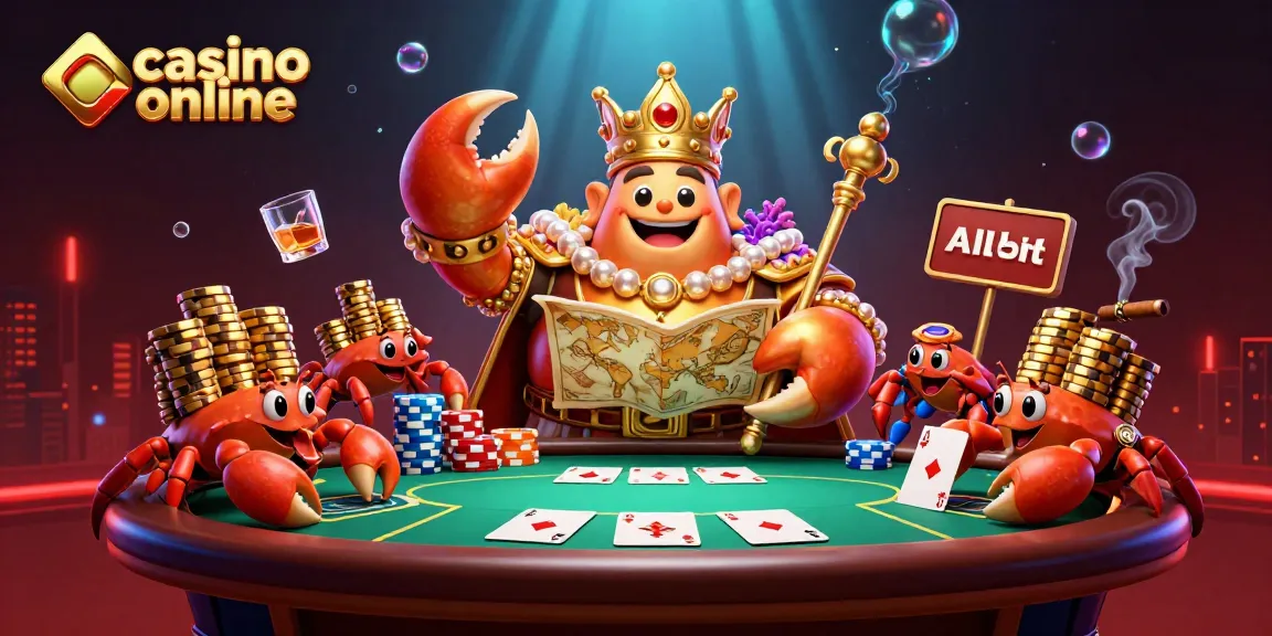 Gioca nel casino online con il granchio imperatore circondato da fiches dorate e tavoli da poker.