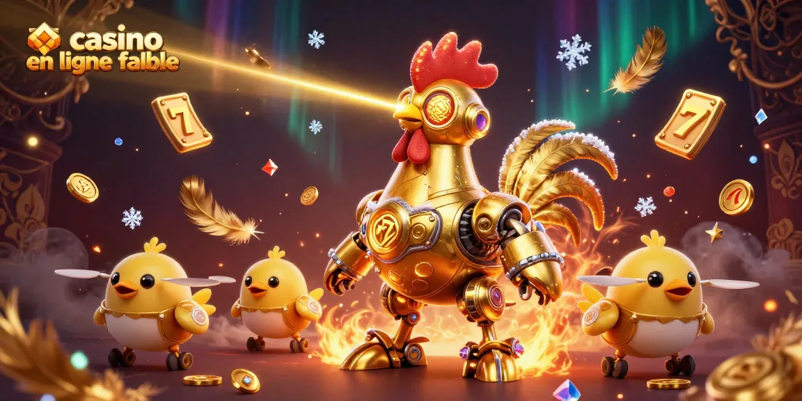 Jouez à des jeux de casino en ligne fiables avec cette illustration captivante représentant un robot coq doré.